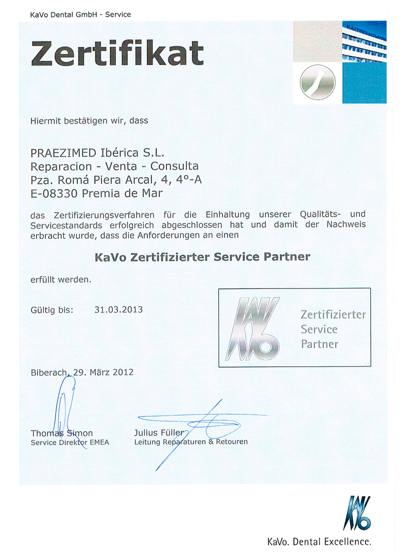 Certificado reparador autorizado KaVo